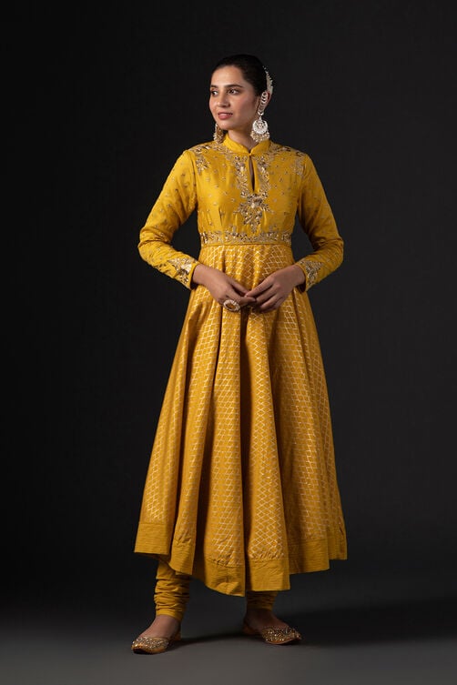 Rohit Bal Mustard Cotton Silk Anarkali Printed Suit Set image number 7