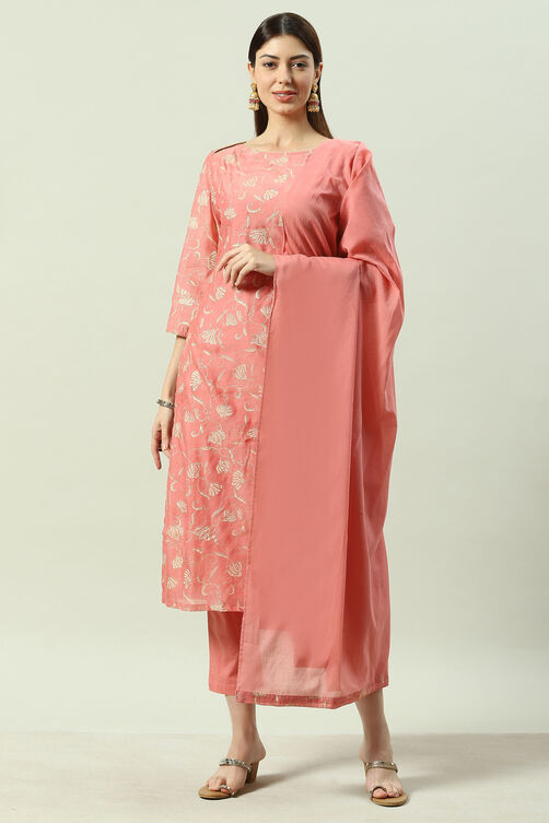 Blush Pink Printed Straight Kurta Regular Pant Suit Set image number 0