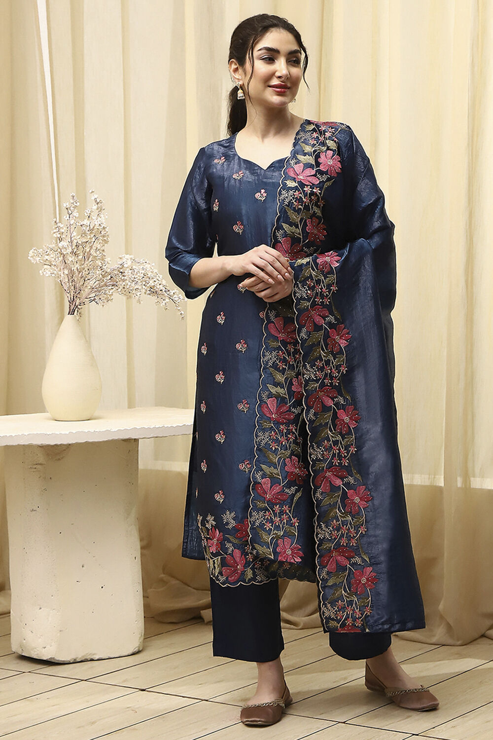 Navy Blue Tissue Machine Embroidered Unstitched Suit Set image number 7