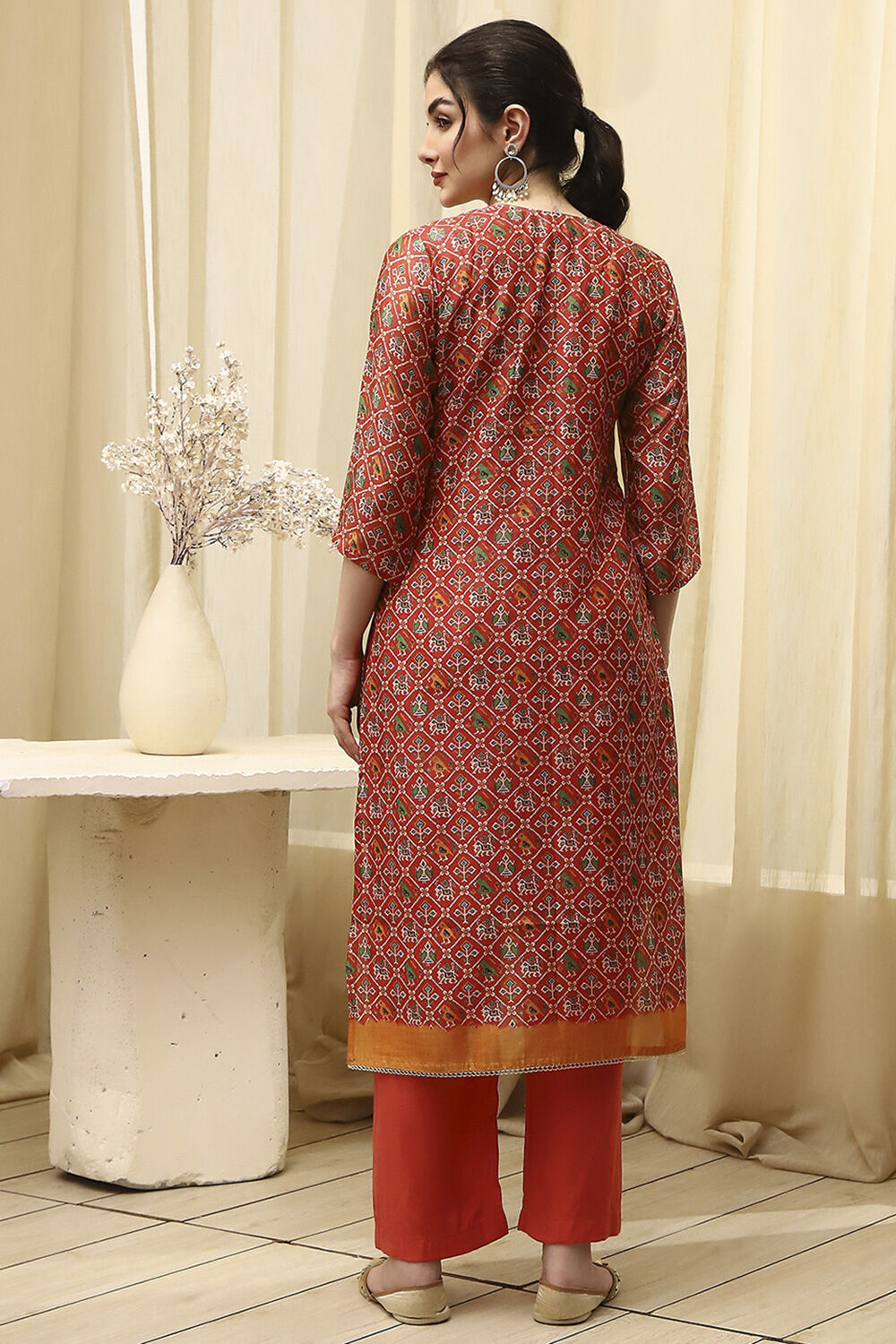Red Chanderi Machine Embroidered Unstitched Suit Set image number 5