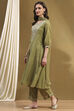 Green Embroidered Festive Kalidar Suit Set image number 3