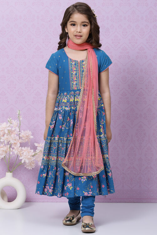 Blue Cotton Anarkali Kurta Churidar Suit Set image number 0