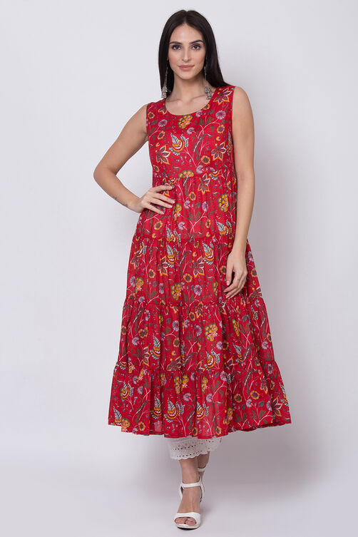 Red Cotton A-Line Printed Kurta image number 2