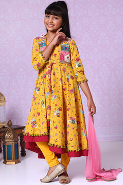 Yellow Cotton A-Line Kurta Churidar Suit Set image number 1