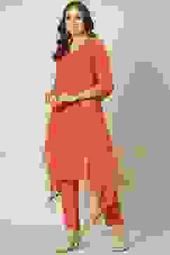 Soft Red Straight Kurta Relaxed Pants Suit Set image number 5