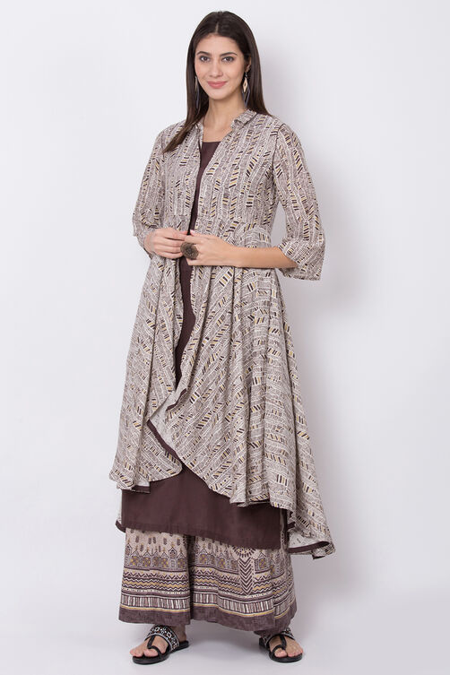 Sand Brown Cotton Flax Front Open Printed Kurta image number 1