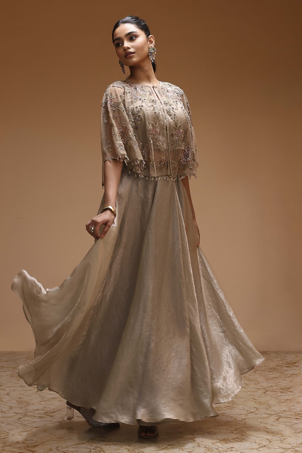 Grey Polyester Floral Embroidered Lehenga Set