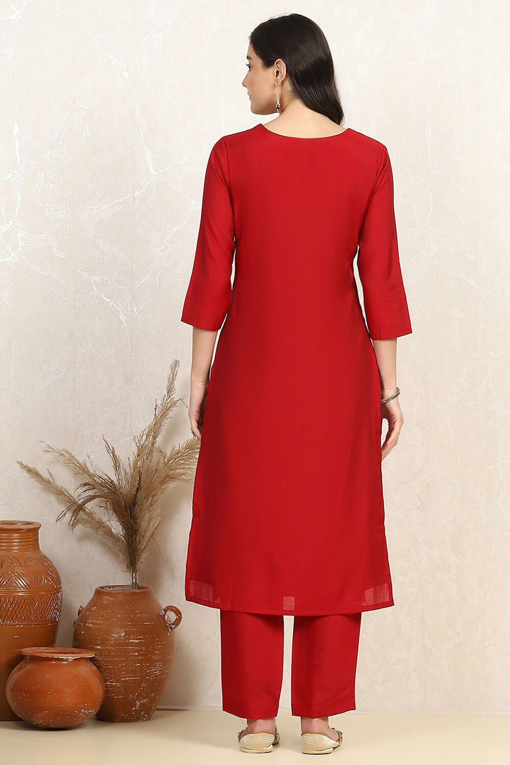 Red Silk Blend Machine Embroidered Unstitched Suit Set image number 5