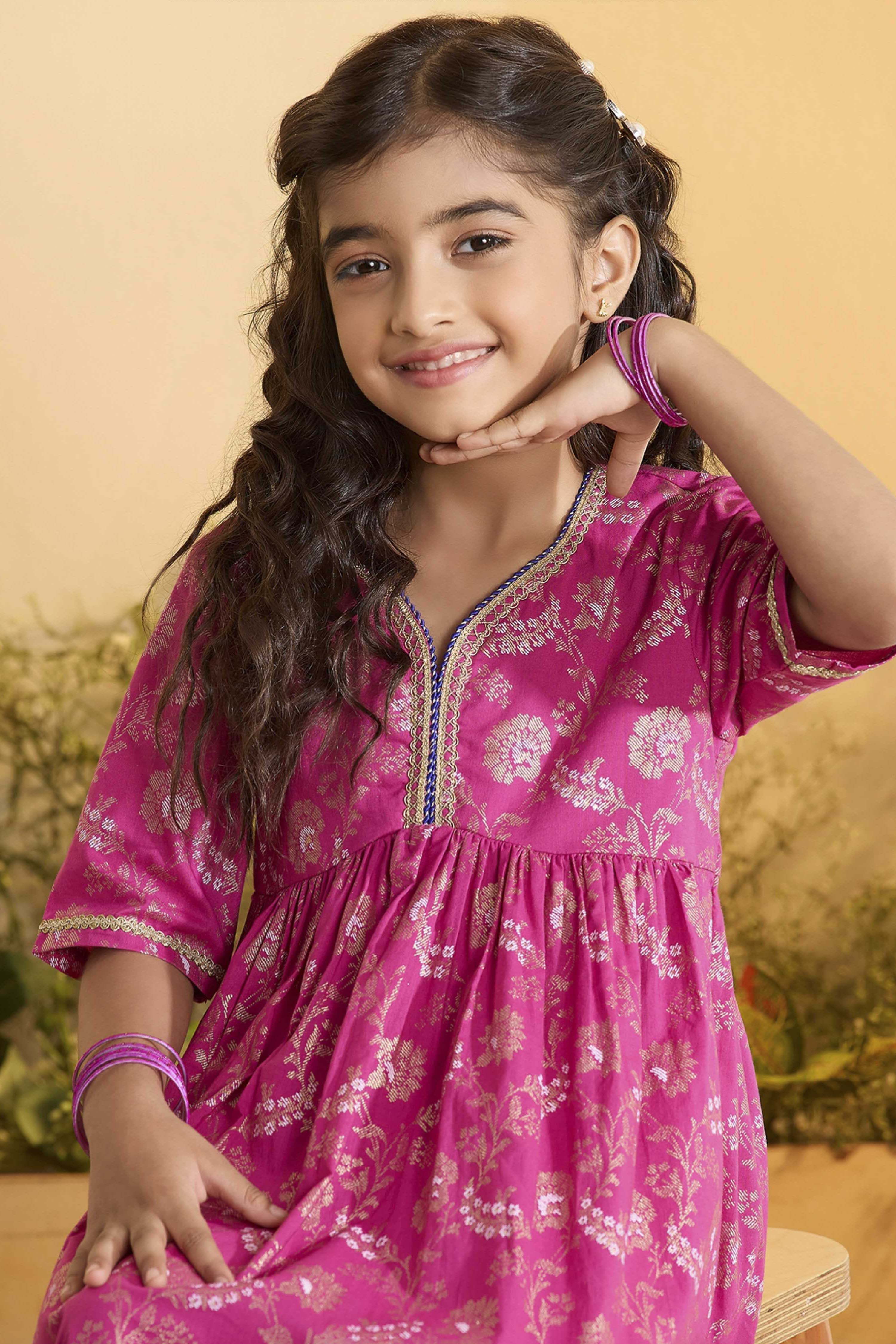 Pink Cotton Floral Printed Flared Kurta Set image number 1