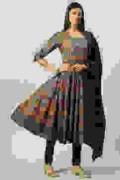 Black Cotton Anarkali Kurta Churidar Suit Set image number 5