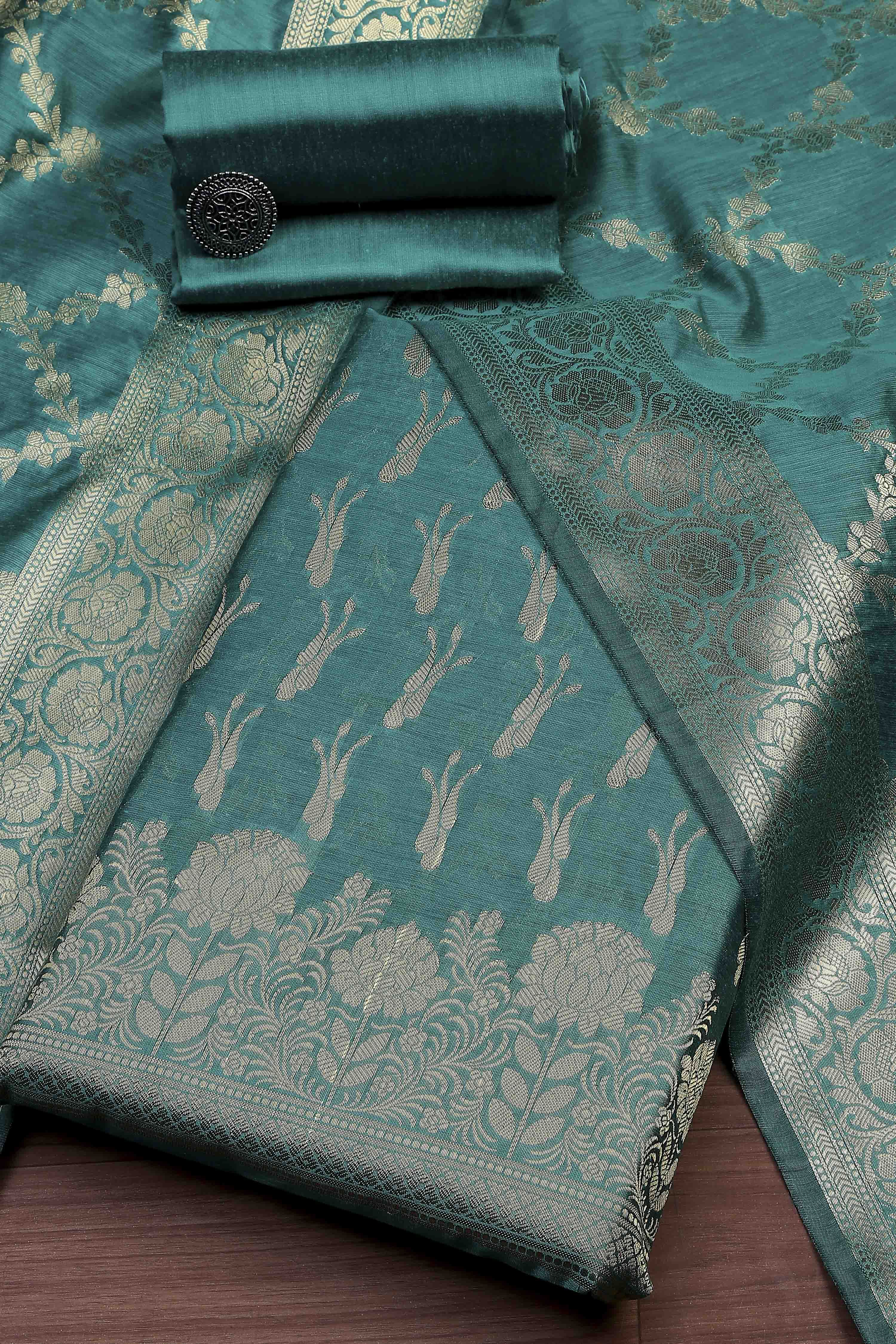 Turquoise Cotton Printed Embroidered Unstitched Suit Set image number 0