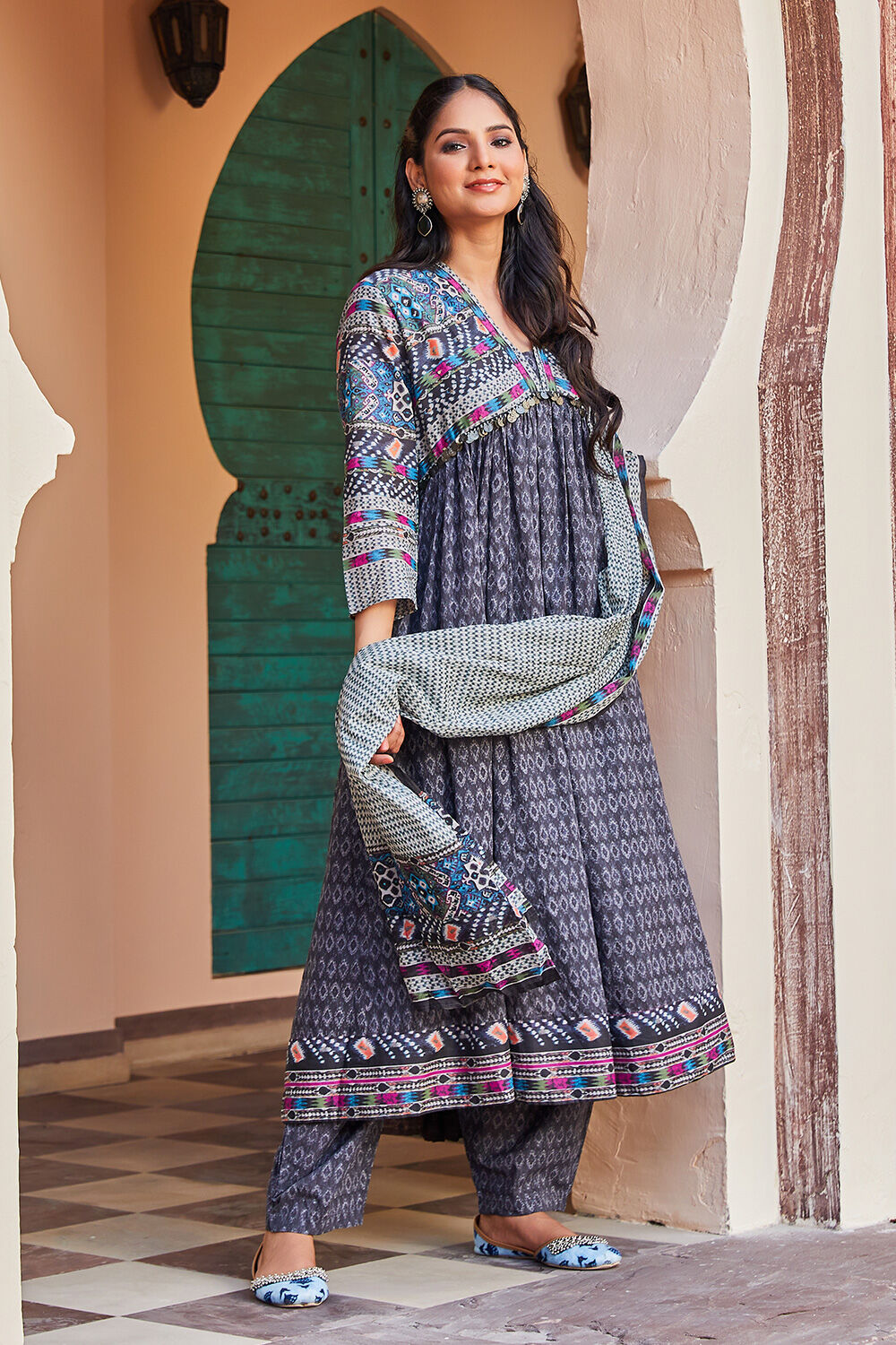 Charcoal Cotton Anarkali Printed Kurta Relaxed Salwar Suit Set