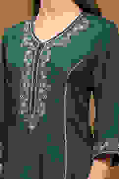 Green Modal Embroidered Festive Kalidar Suit Set image number 1