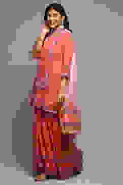 Coral Pink Cotton Blend Straight Kurta Garara Suit Set image number 5