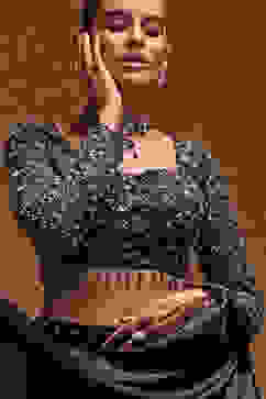 Black Poly Satin Fitted Embroidered Pre-Draped Saree image number 1