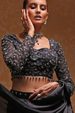 Black Poly Satin Fitted Embroidered Pre-Draped Saree image number 1