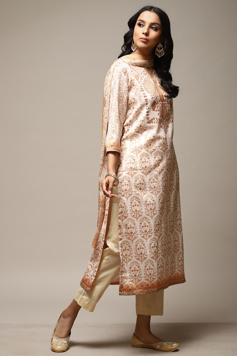 Beige Cotton Screen Print Unstitched Suit Set image number 12