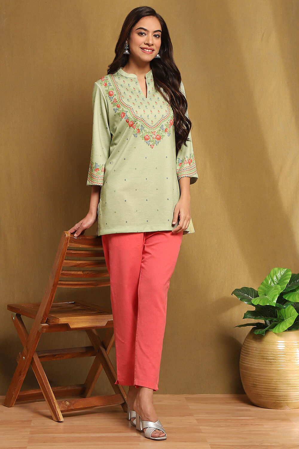 Mint Green Knit Printed Straight Winter wear Short Kurta image number 0