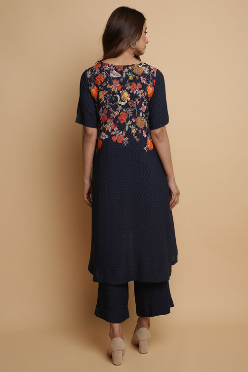 Navy Rayon Asymmetric Kurta Pants Set image number 6