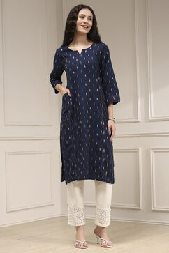 Indigo Blue Cotton Ikat Straight Kurta image number 5