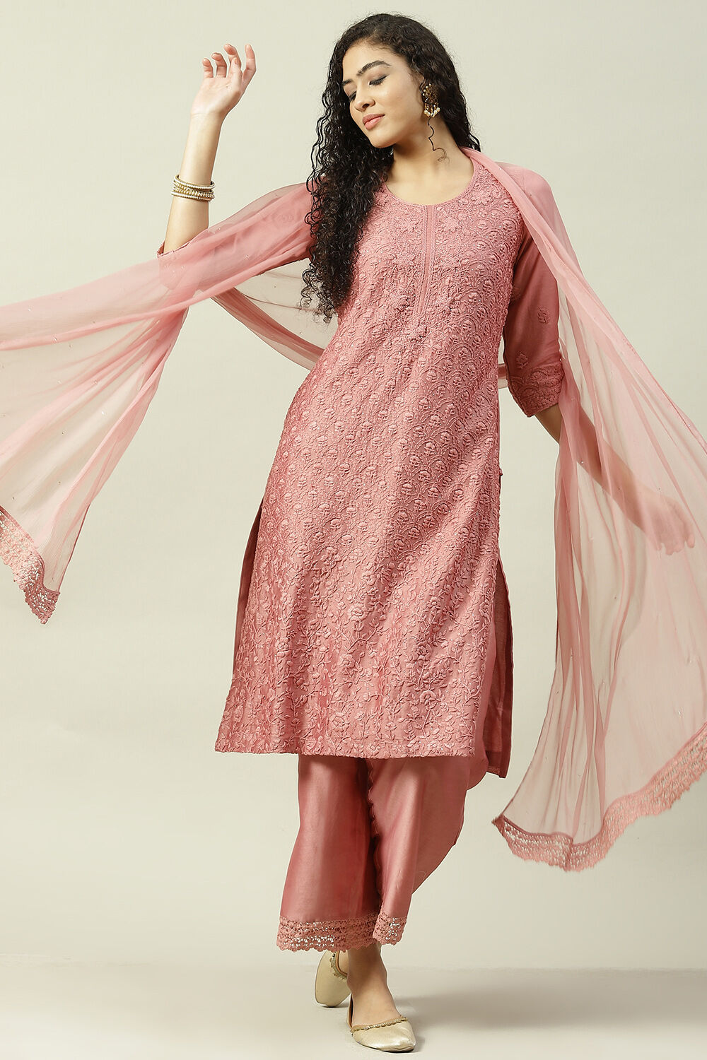 Onion Pink Cotton Silk Straight Kurta Palazzo Suit Set image number 7