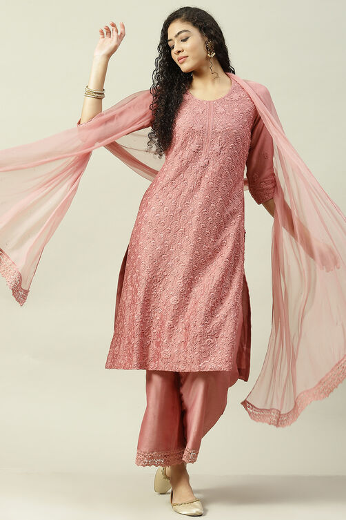 Onion Pink Cotton Silk Straight Kurta Palazzo Suit Set image number 7