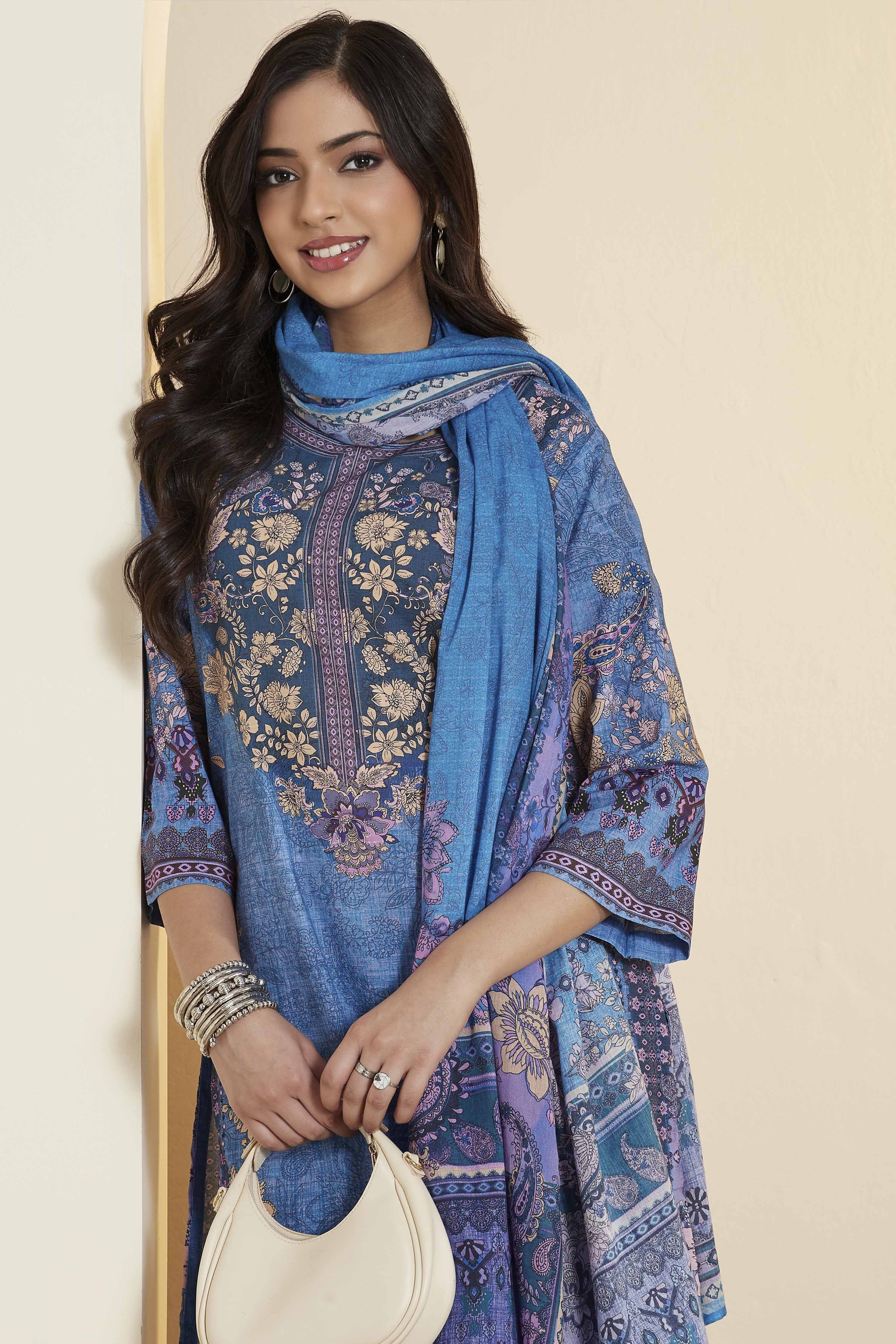 Blue Cotton Printed Straight Kurta Set image number 1