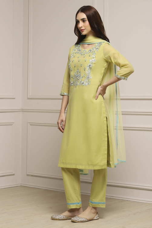Peach Art Silk A-Line Kurta Regular Pant Suit Set image number 3