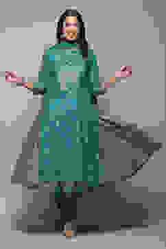 Turquoise Poly Modal Layered Printed Kurta Churidar Suit Set image number 0