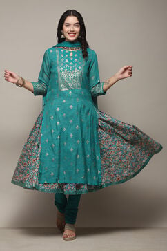 Turquoise Poly Modal Layered Printed Kurta Churidar Suit Set image number 0