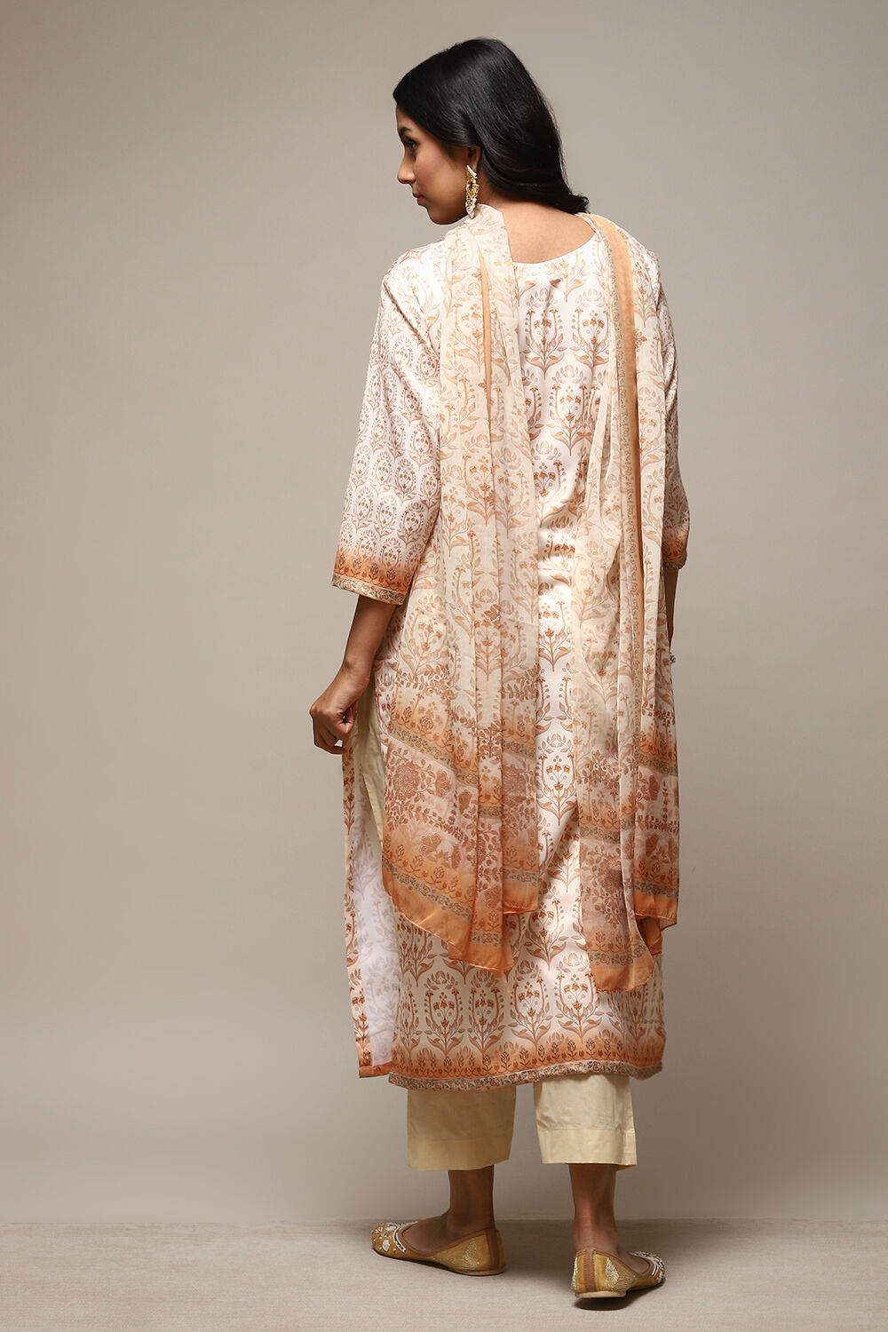 Beige Cotton Screen Print Unstitched Suit Set image number 13