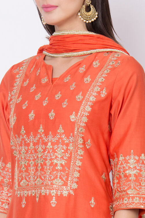 Orange Cotton Blend Silk Flared Kurta Churidar Suit Set image number 1