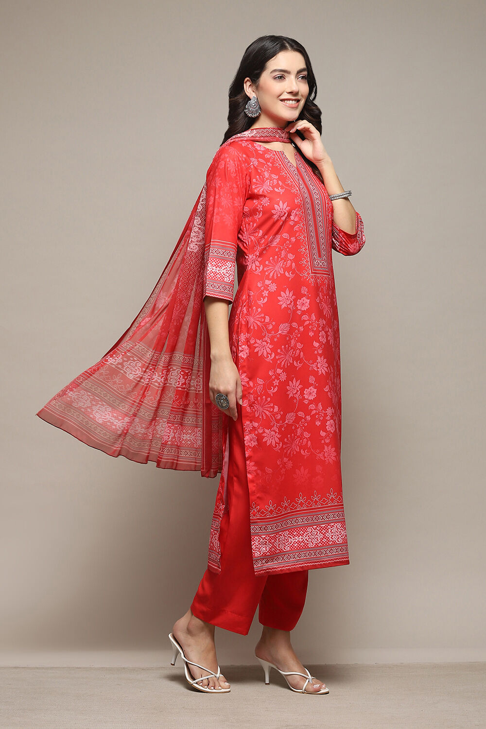 Red Silk Blend Digital Print Unstitched Suit Set image number 7