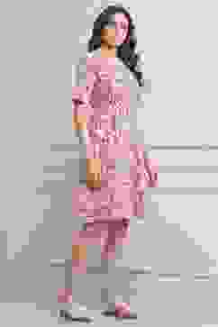 Coral Red Rayon Floral Short Dress With Belt image number 4