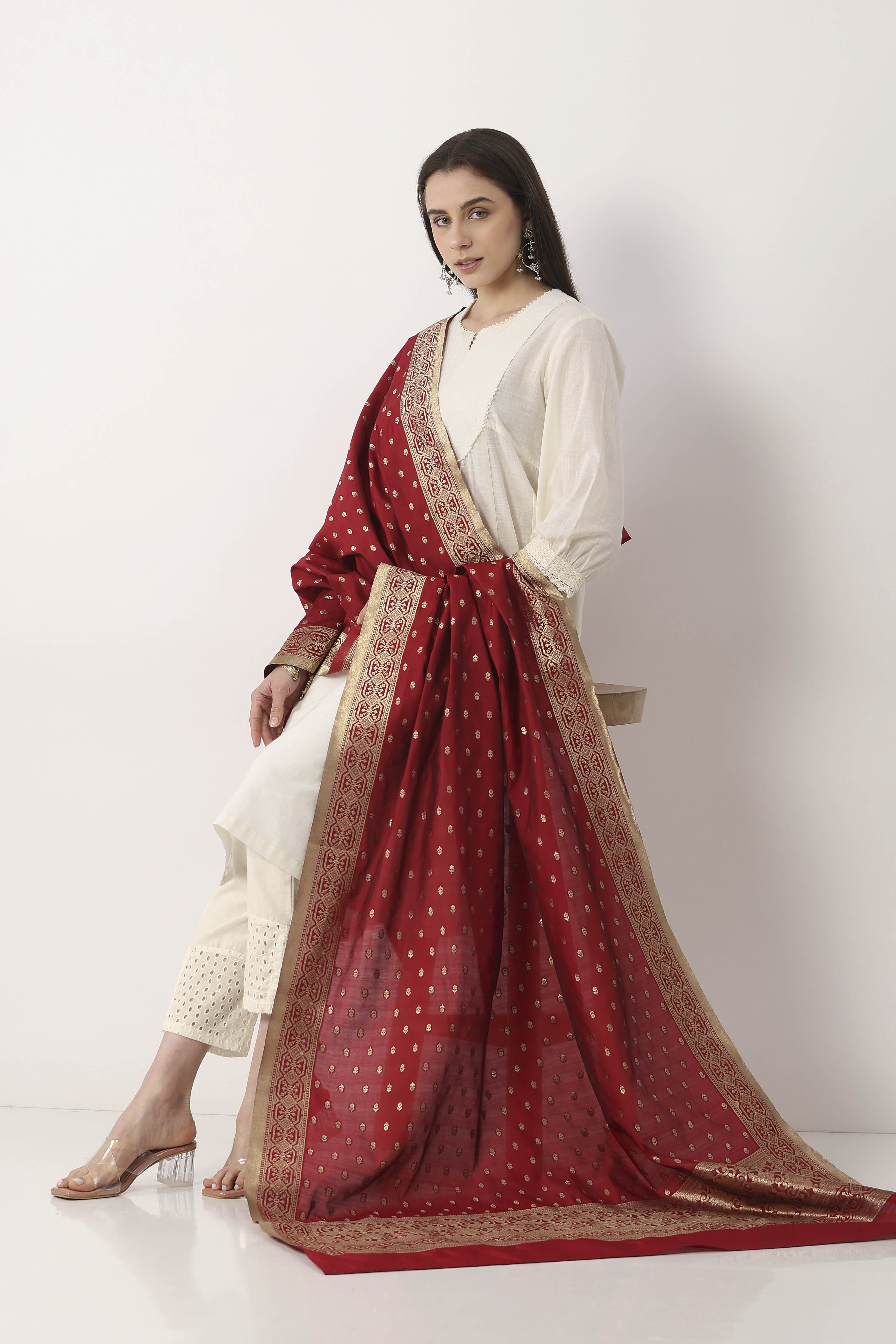 Maroon White Art Silk Dupatta image number 0