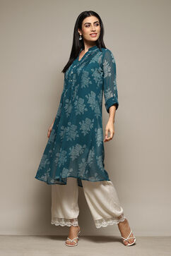 Teal Polyester Straight Printed Kurta image number 2