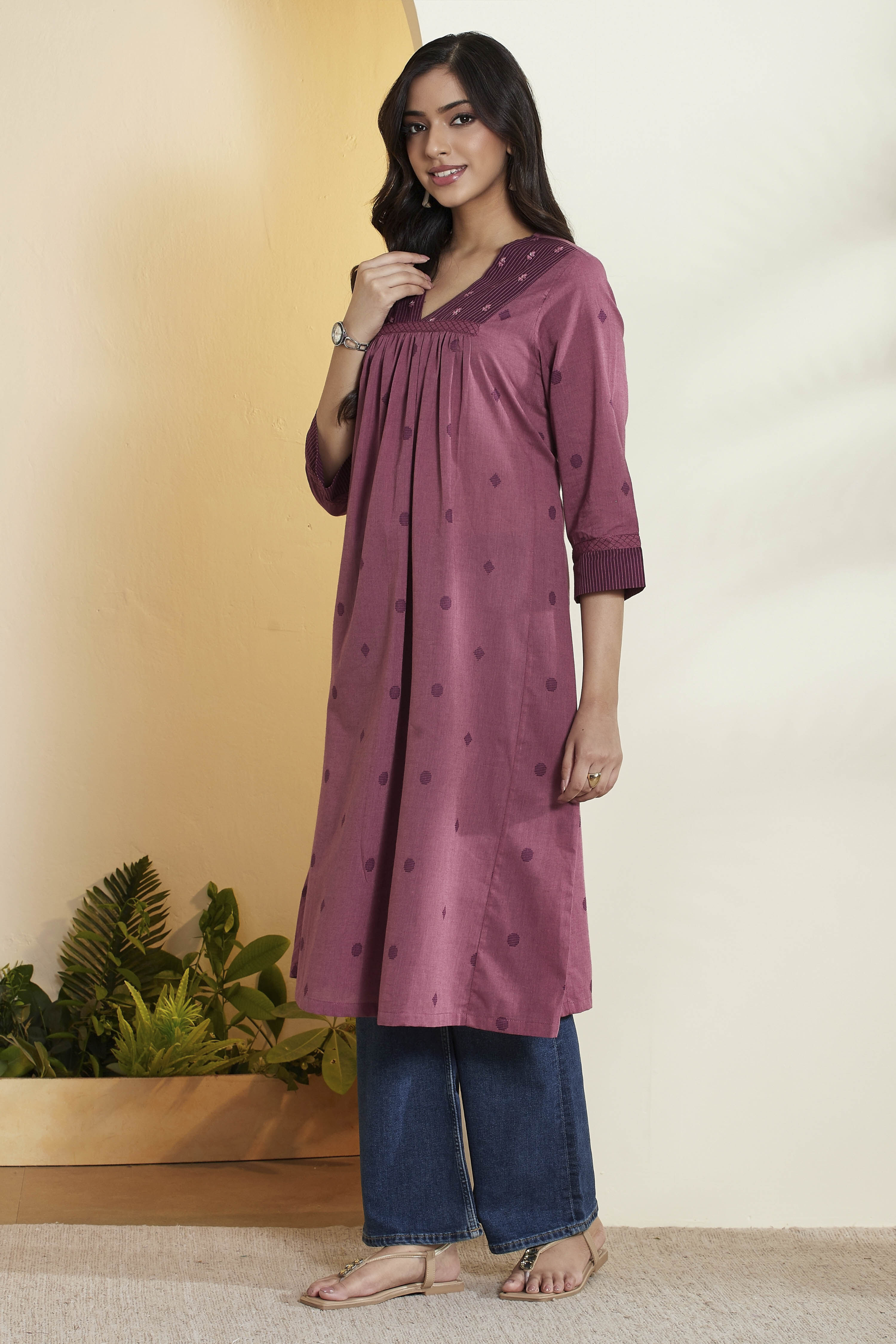 Old Rose Cotton A Line Kurta image number 3