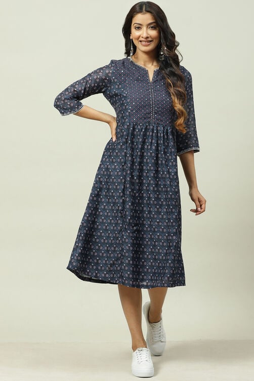 Indigo Art Silk A-Line Printed Kurta Dress image number 0