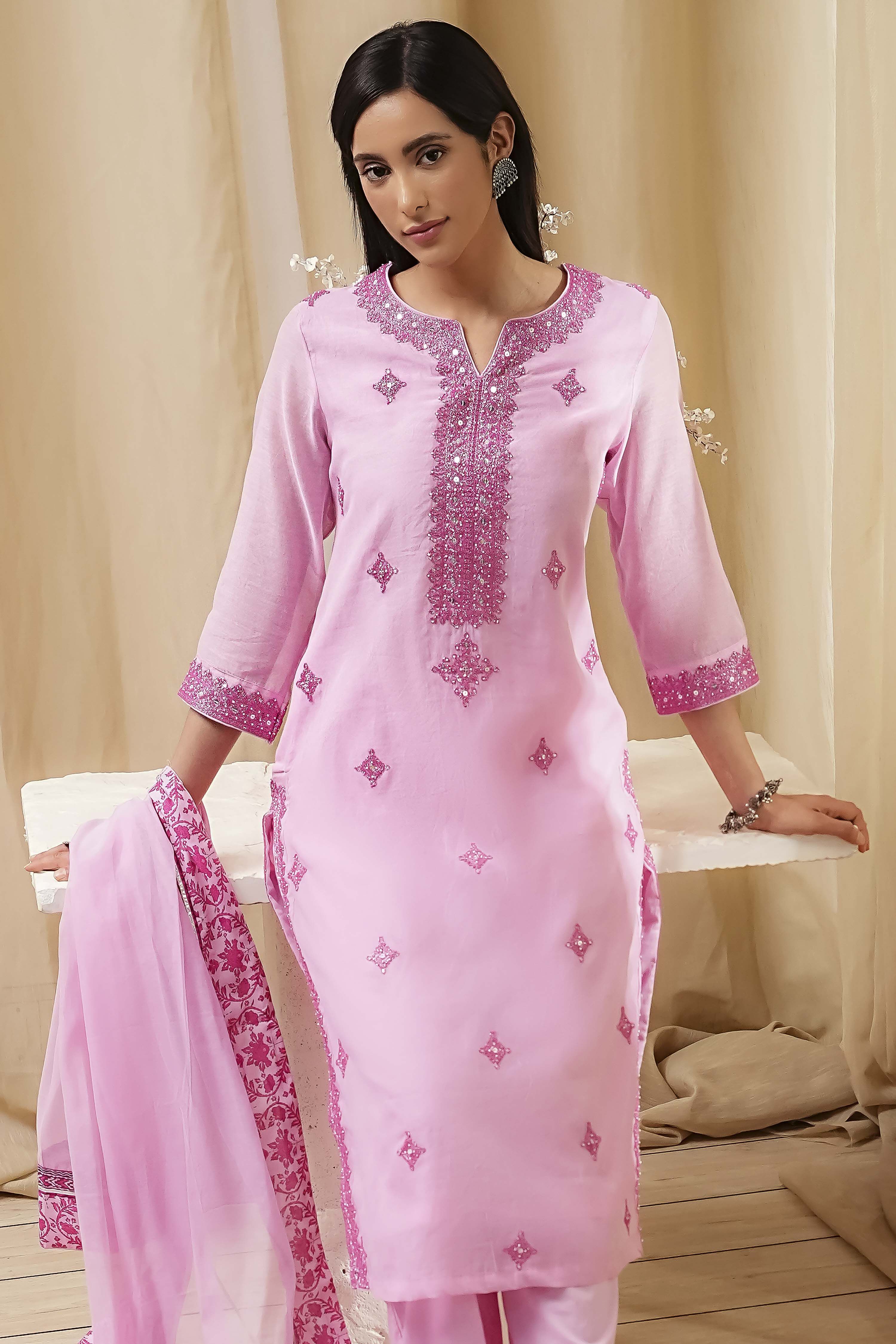 Pink Embroidered Straight Suit Set image number 7