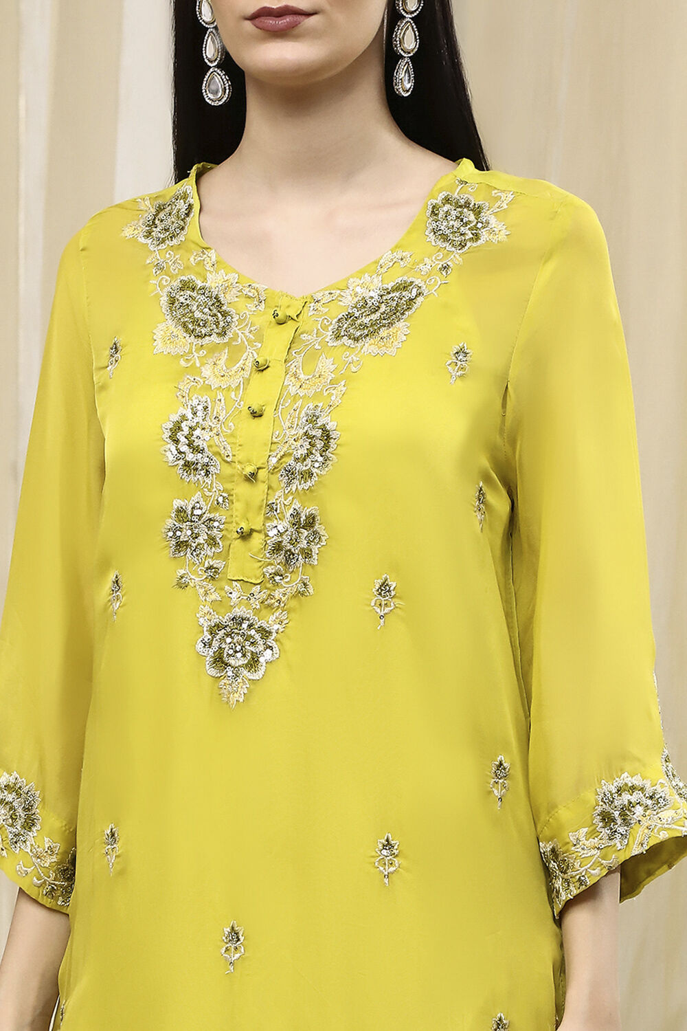 Lime Green Embroidered Straight Suit Set image number 1
