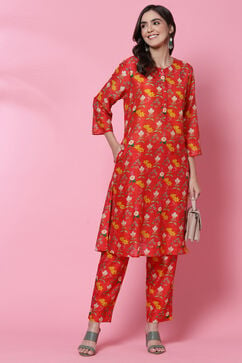Red Cotton Straight Co-ord Set Kurta Relaxed Pant Suit Set image number 5