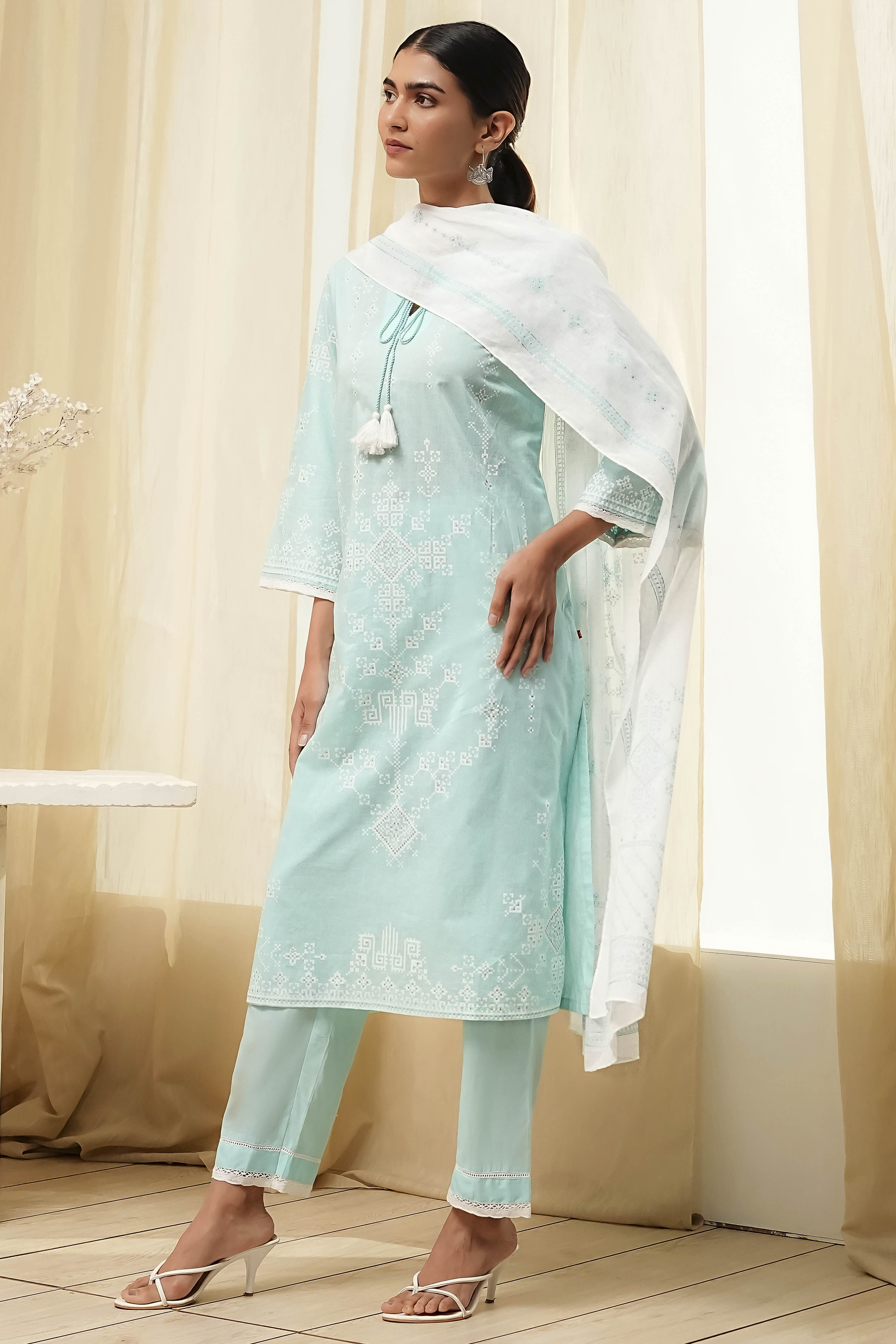 Aqua Cotton Printed Straight Suit Set image number 3