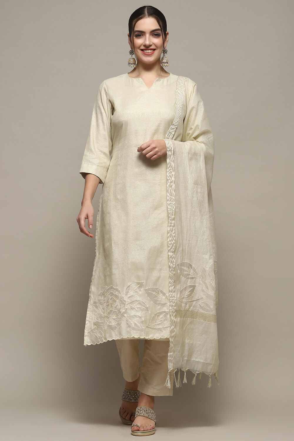 Off White Tissue Unstitched Suit set image number 8