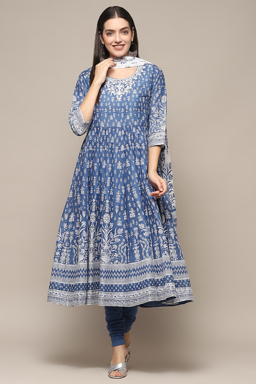 Blue Cotton A-Line Suit Set image number 7