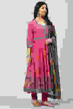 Fuschia Cotton Anarkali Kurta Churidar Suit Set image number 5