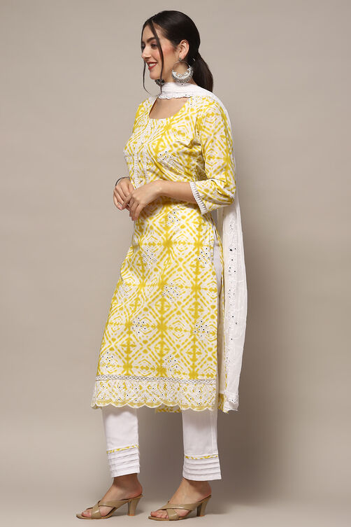 Yellow Cotton Unstitched Suit set image number 8