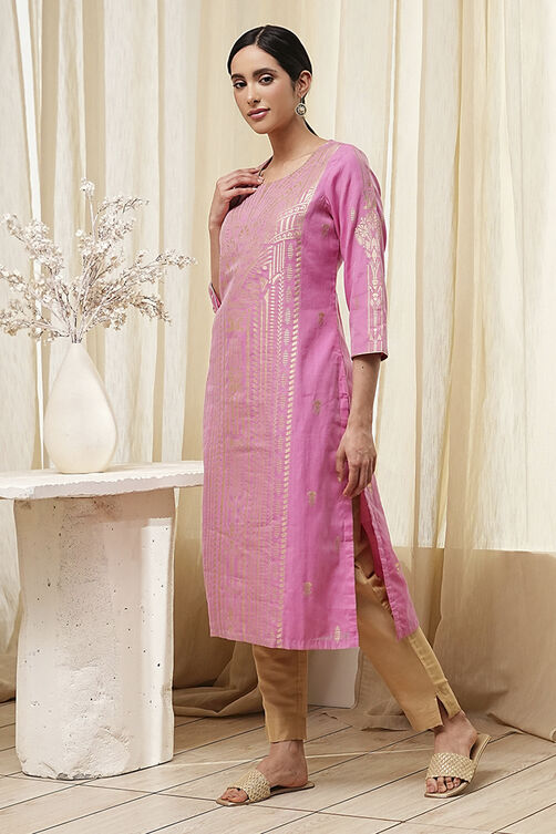 Pink Poly Cotton Straight Yarndyed Kurta image number 5