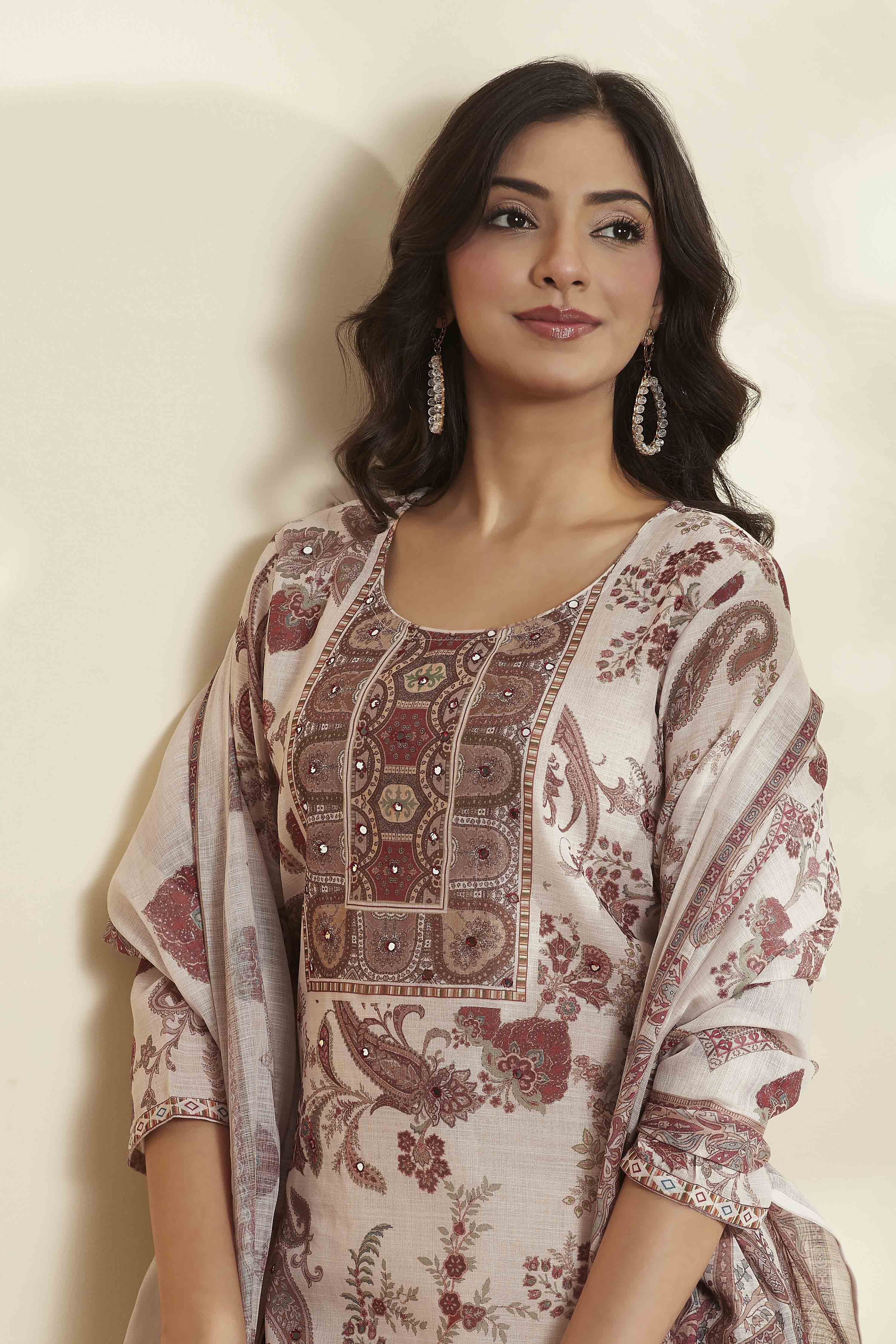 Cream Paisley Printed Poly Linen Kurta Set image number 1