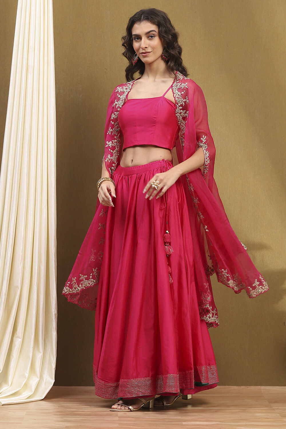 Fuchsia Silk Chanderi Festive Lightweight Flared Lehenga Set image number 3