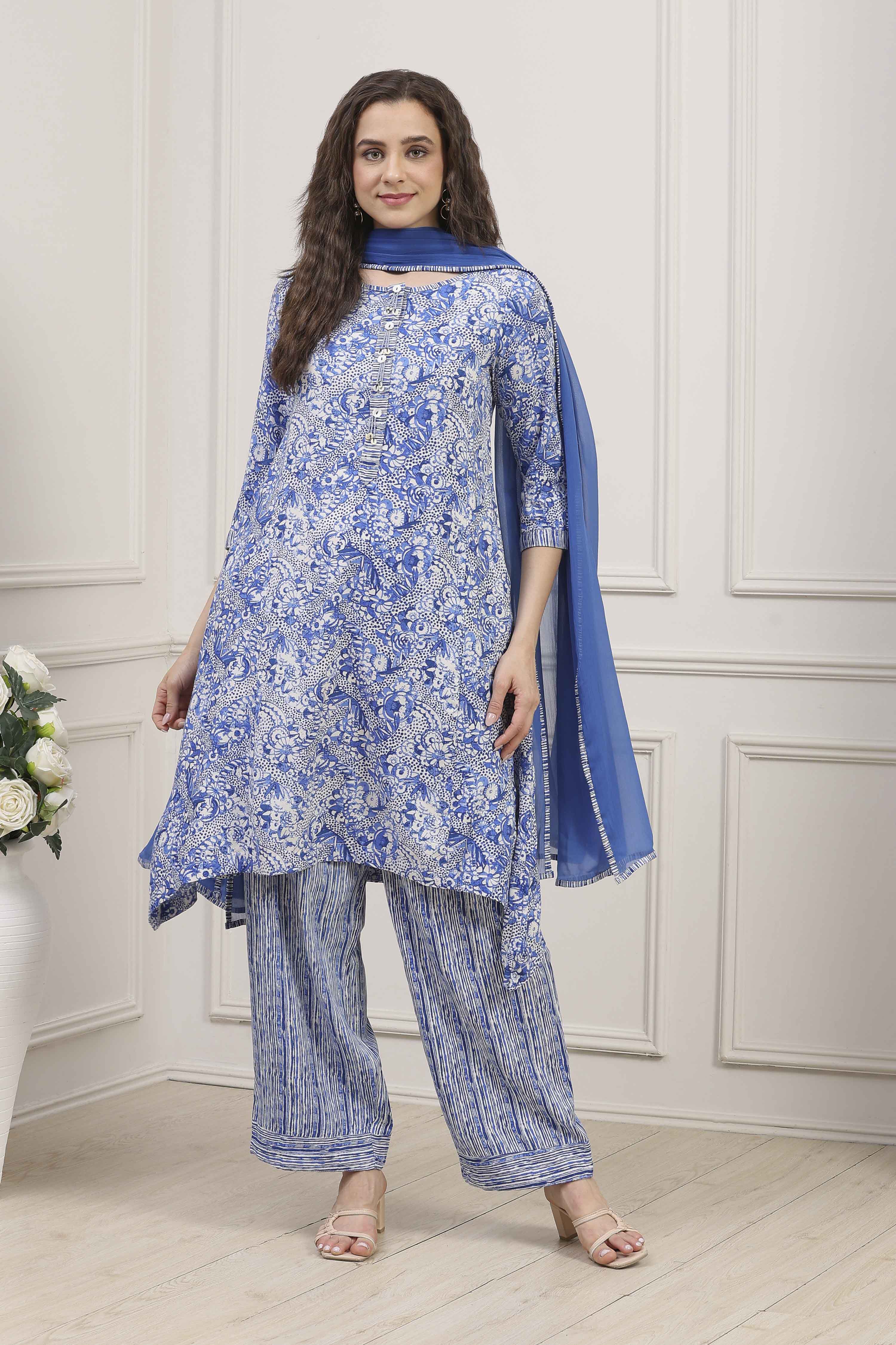 Blue Rayon Printed Straight Suit Set image number 6